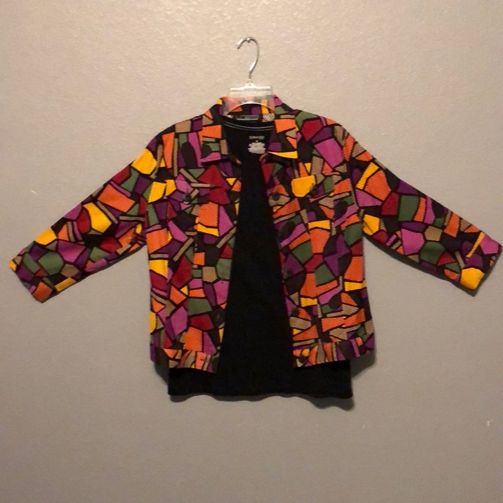 Multi-Colored Geometric Blazer and black t-shirt
